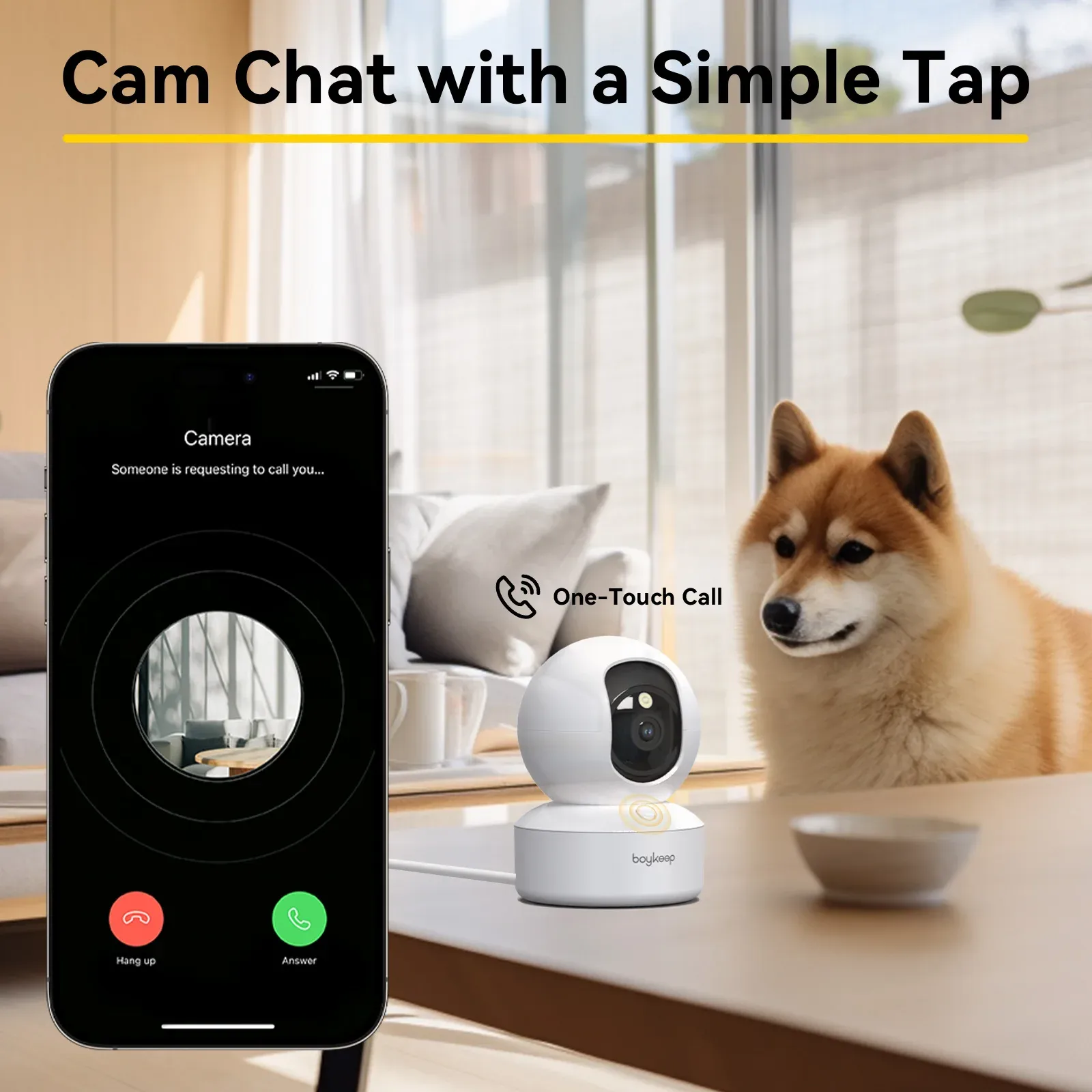 Caméra pour chien Boykeep 2K avec application mobile, caméra de sécurité intérieure Wi-Fi 5 GHz/2,4 GHz pour bébé, rotation et inclinaison à 360°, audio bidirectionnel, vision nocturne 5
