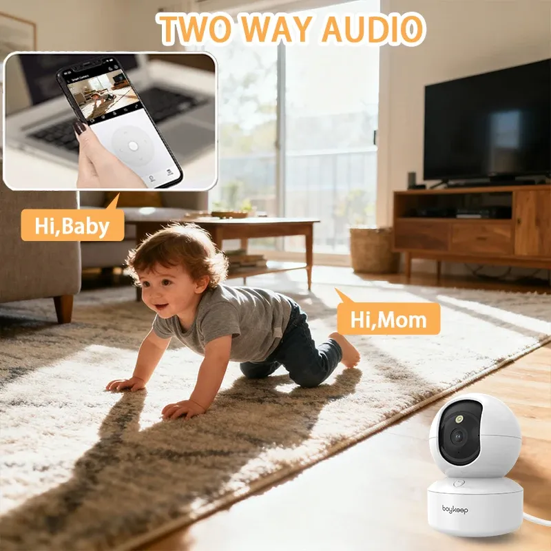 Caméra pour chien Boykeep 2K avec application mobile, caméra de sécurité intérieure Wi-Fi 5 GHz/2,4 GHz pour bébé, rotation et inclinaison à 360°, audio bidirectionnel, vision nocturne 6