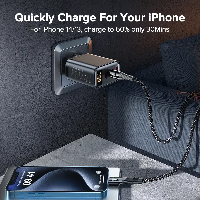 Chargeur GaN 65 W Tuodes PPS PD USB-C, charge rapide QC 4.0, compatible iPhone 17, MacBook Air, tablette Samsung, Xiaomi et ordinateur portable 5