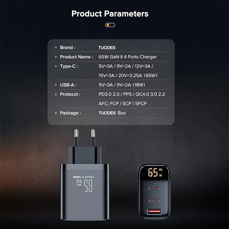 Chargeur GaN 65 W Tuodes PPS PD USB-C, charge rapide QC 4.0, compatible iPhone 17, MacBook Air, tablette Samsung, Xiaomi et ordinateur portable 6