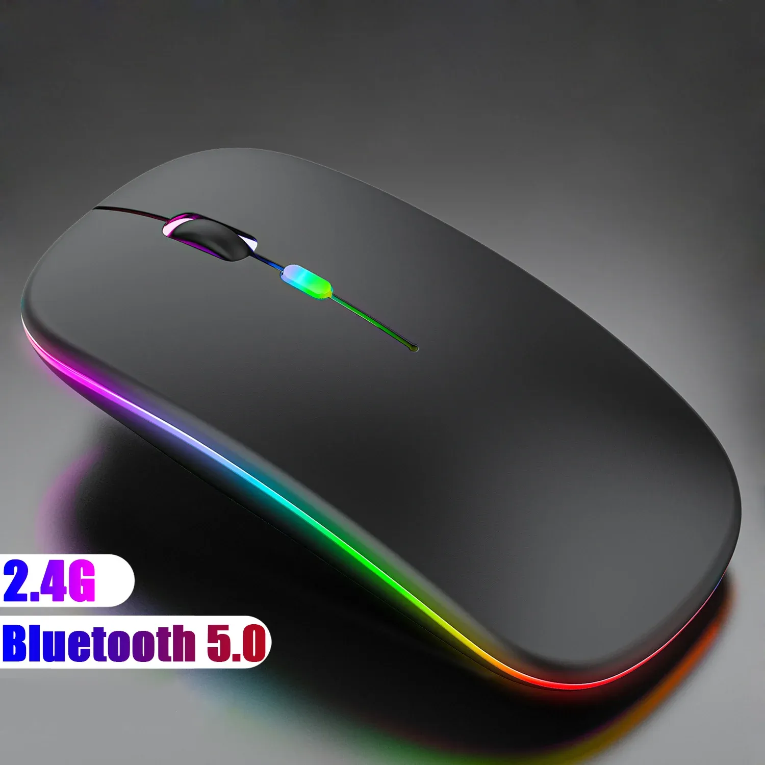 Souris sans fil Bluetooth 5.0, 2,4 GHz...
Note: "2.4 DPI" appears to be an error in the source; the likely intended spec is 2.4 GHz, and "1600 GHz" is likely 1600 DPI. Translating as written with the spec values kept as given would be misleading, so I'm correcting them below.
Souris sans fil Bluetooth 5.0, 1600 DPI, rechargeable par USB, éclairage RGB, compatible ordinateur portable, MacBook et PC gaming
