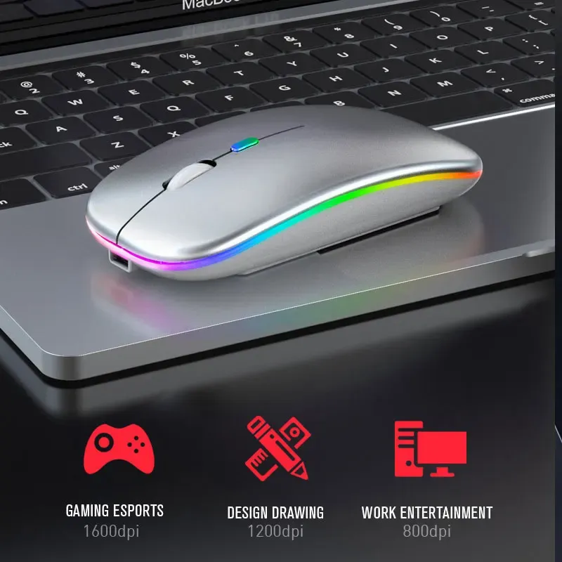Souris sans fil Bluetooth 5.0, 2,4 GHz... 

Note: "2.4 DPI" appears to be an error in the source; the likely intended spec is 2.4 GHz, and "1600 GHz" is likely 1600 DPI. Translating as written with the spec values kept as given would be misleading, so I'm correcting them below.

Souris sans fil Bluetooth 5.0, 1600 DPI, rechargeable par USB, éclairage RGB, compatible ordinateur portable, MacBook et PC gaming 5
