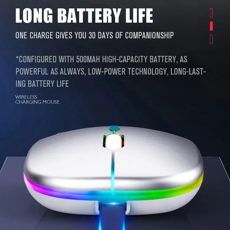 Souris sans fil Bluetooth 5.0, 2,4 GHz... 

Note: "2.4 DPI" appears to be an error in the source; the likely intended spec is 2.4 GHz, and "1600 GHz" is likely 1600 DPI. Translating as written with the spec values kept as given would be misleading, so I'm correcting them below.

Souris sans fil Bluetooth 5.0, 1600 DPI, rechargeable par USB, éclairage RGB, compatible ordinateur portable, MacBook et PC gaming 6