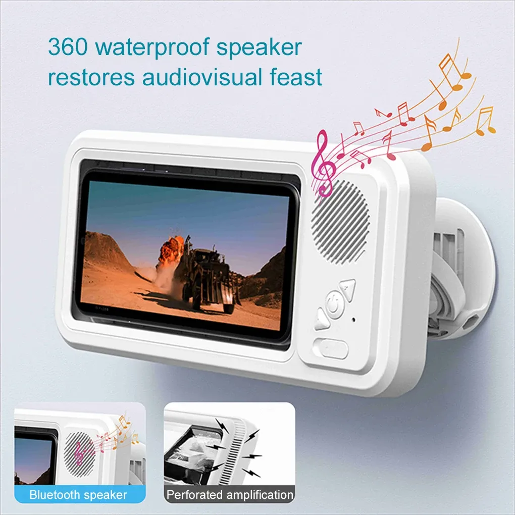 Support de téléphone de douche avec haut-parleur Bluetooth, rotatif à 360°, étanche et anti-buée, pour téléphones de 4 à 6,9 pouces