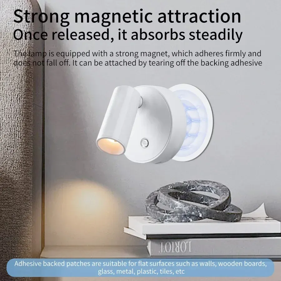 Lampe murale LED rechargeable sans fil à fixation magnétique avec veilleuse tactile et rotation à 360° pour la lecture au chevet 5