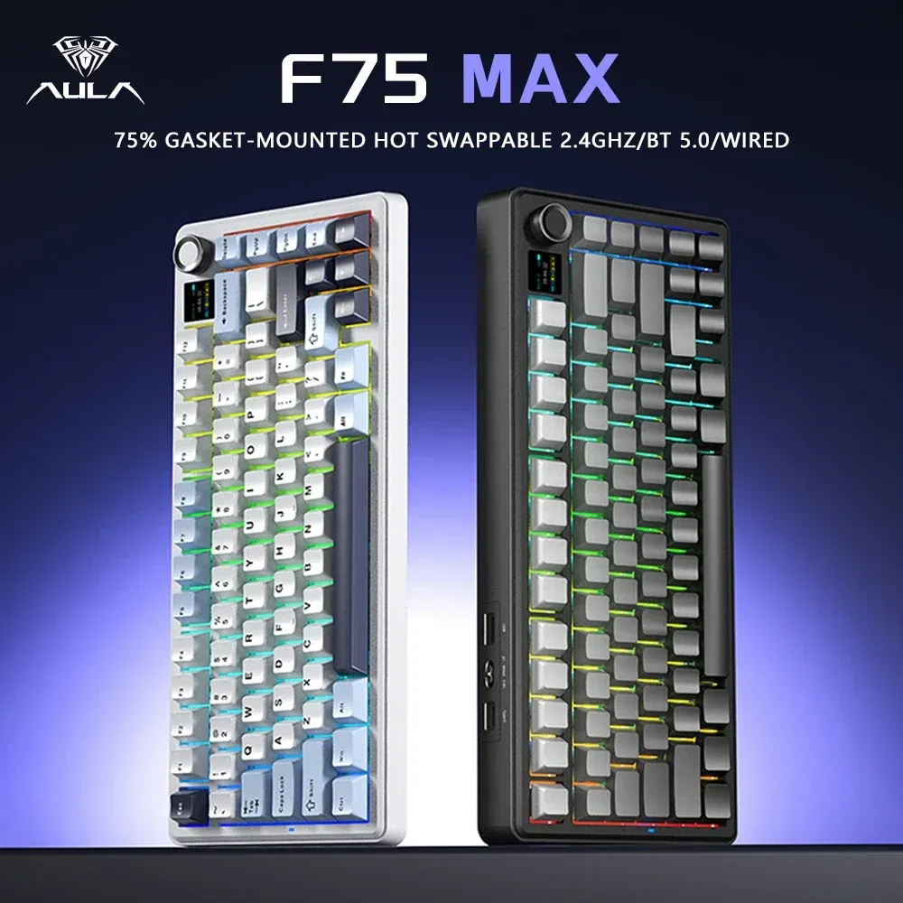 AULA F75 MAX Clavier mécanique de jeu 75 % filaire/Bluetooth/2,4 GHz, clavier e-sport RVB à permutation à chaud avec écran TFT pour PC/Mac 1