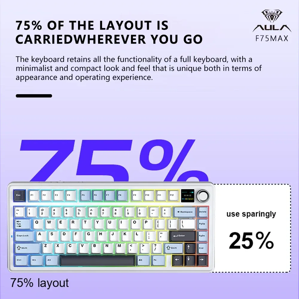 AULA F75 MAX Clavier mécanique de jeu 75 % filaire/Bluetooth/2,4 GHz, clavier e-sport RVB à permutation à chaud avec écran TFT pour PC/Mac 6