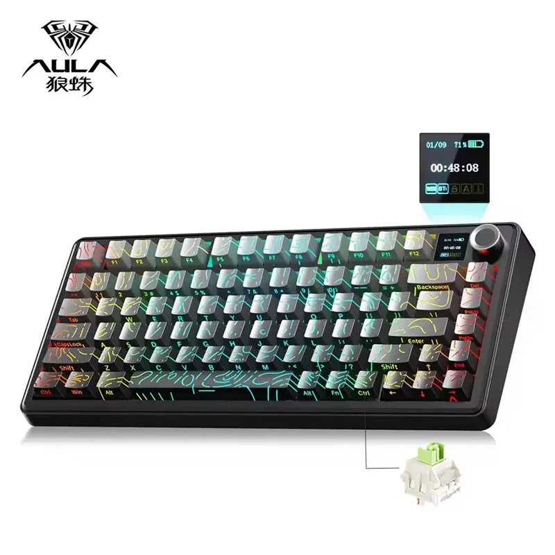 AULA F75 MAX Clavier mécanique de jeu 75 % filaire/Bluetooth/2,4 GHz, clavier e-sport RVB à permutation à chaud avec écran TFT pour PC/Mac 9