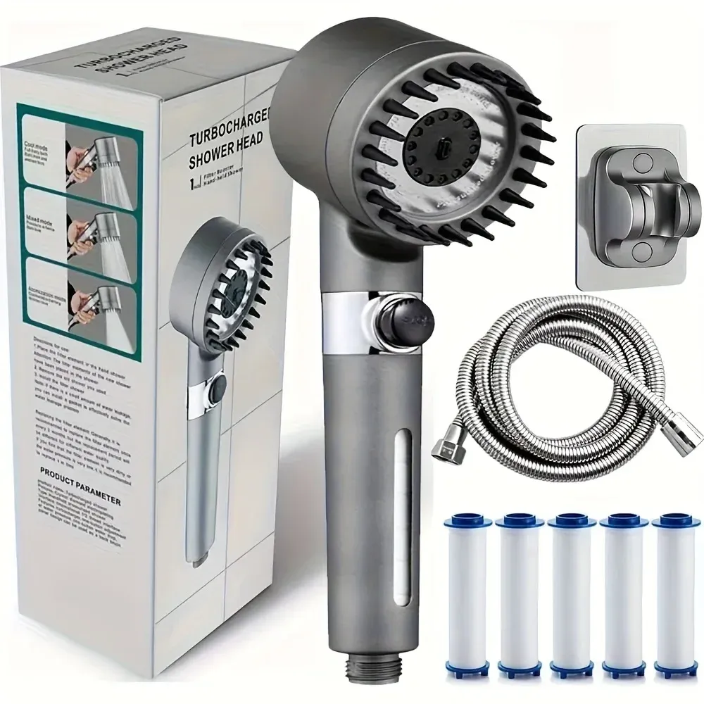Pomme de douche ionique portable avec filtre, turbocompresseur, plusieurs modes de pulvérisation et interrupteur marche/arrêt intégré 7