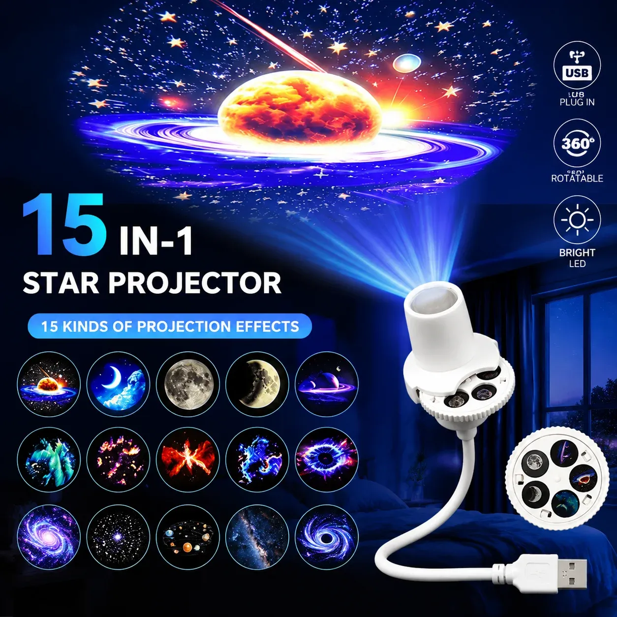 Lampe Ciel Étoilé USB Rotative 360° : Veilleuse LED Créative pour Chambre, Projecteur Lune et Étoiles - Image 1