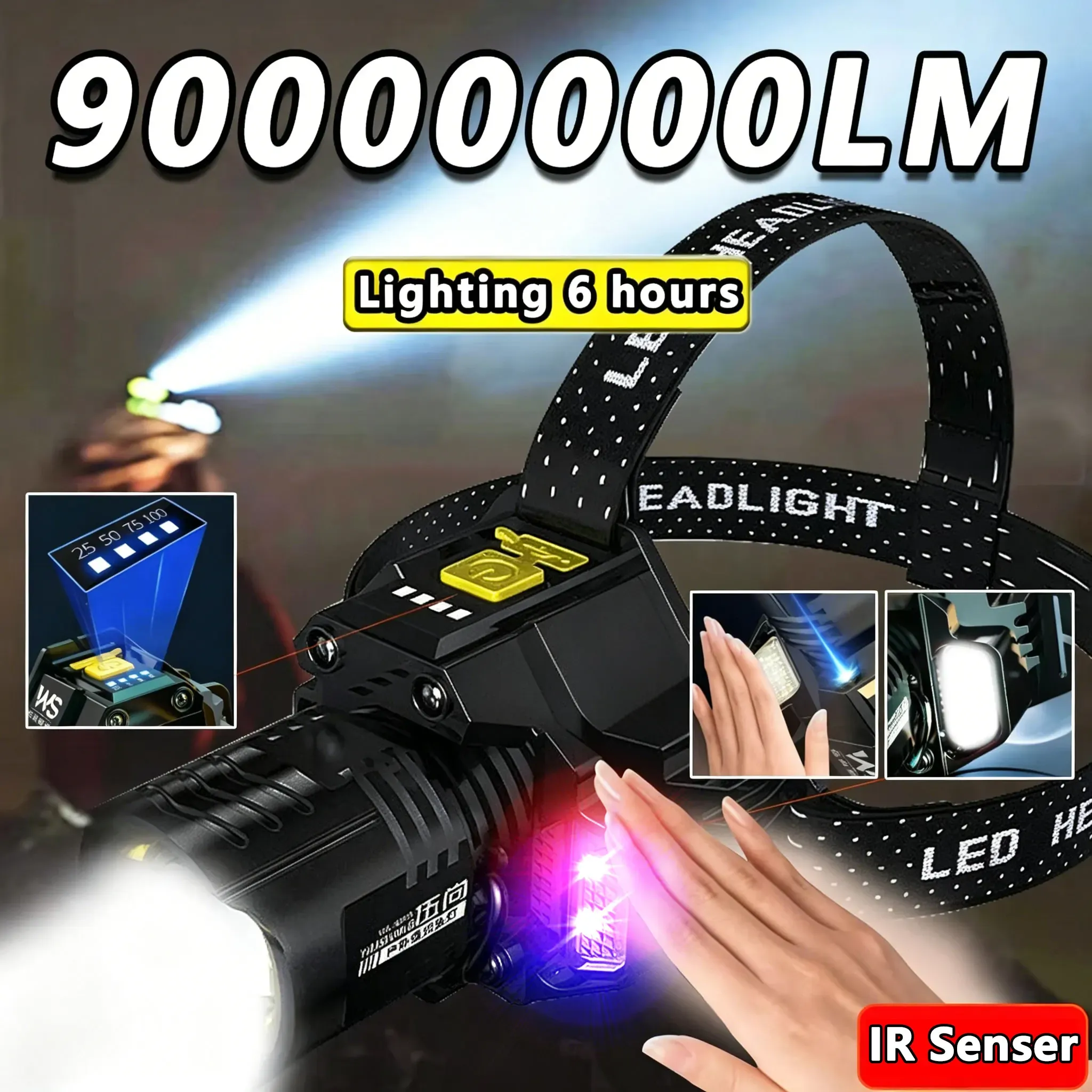Lampe frontale LED COB rechargeable par USB avec capteur de mouvement et zoom, pour la pêche - Image 1