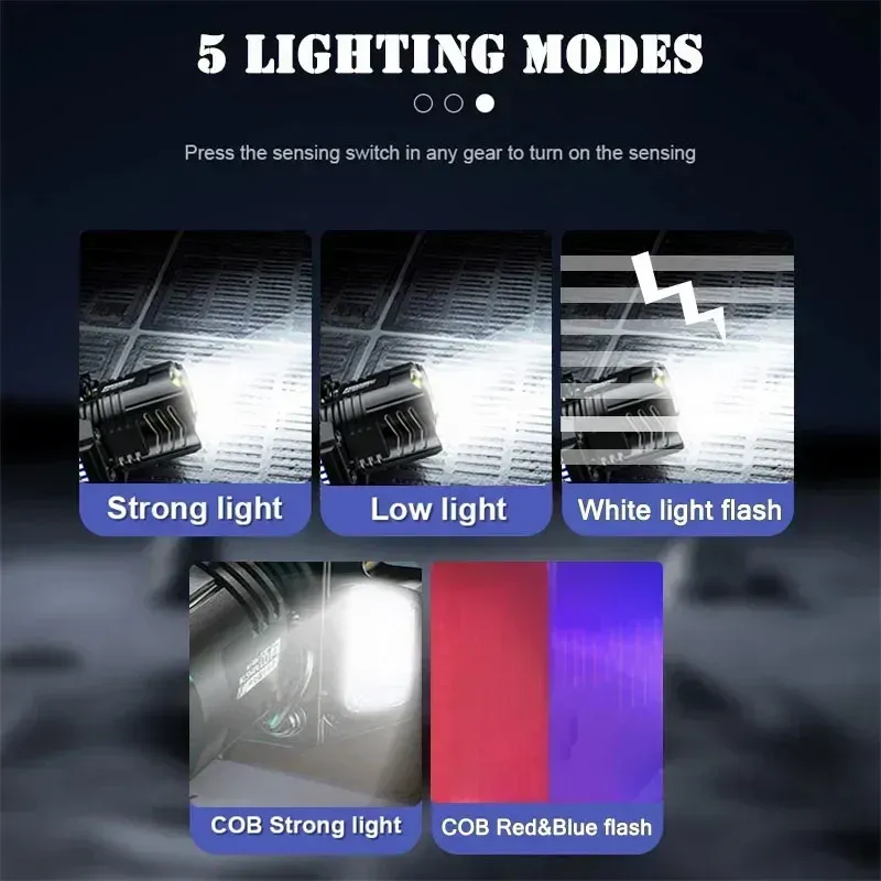 Lampe frontale LED COB rechargeable par USB avec capteur de mouvement et zoom, pour la pêche 3