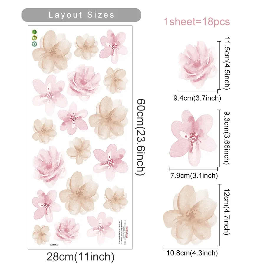 Autocollant mural fleur bohème aquarelle amovible en PVC 12