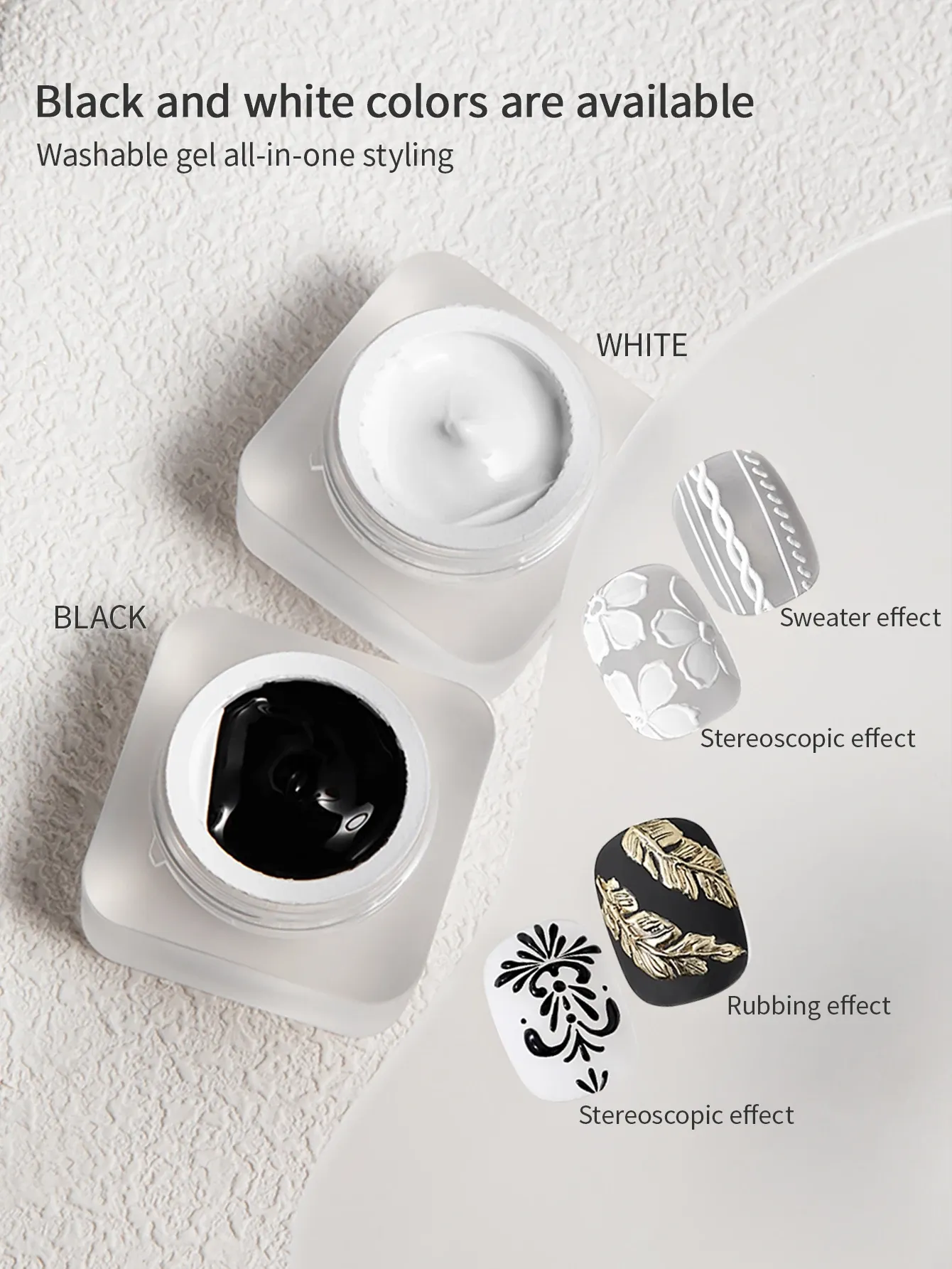 Gel à Ongles Gaufré Noir et Blanc, Peinture 3D, Plâtre d'Art, Outil de Manucure DIY, 5 g 2