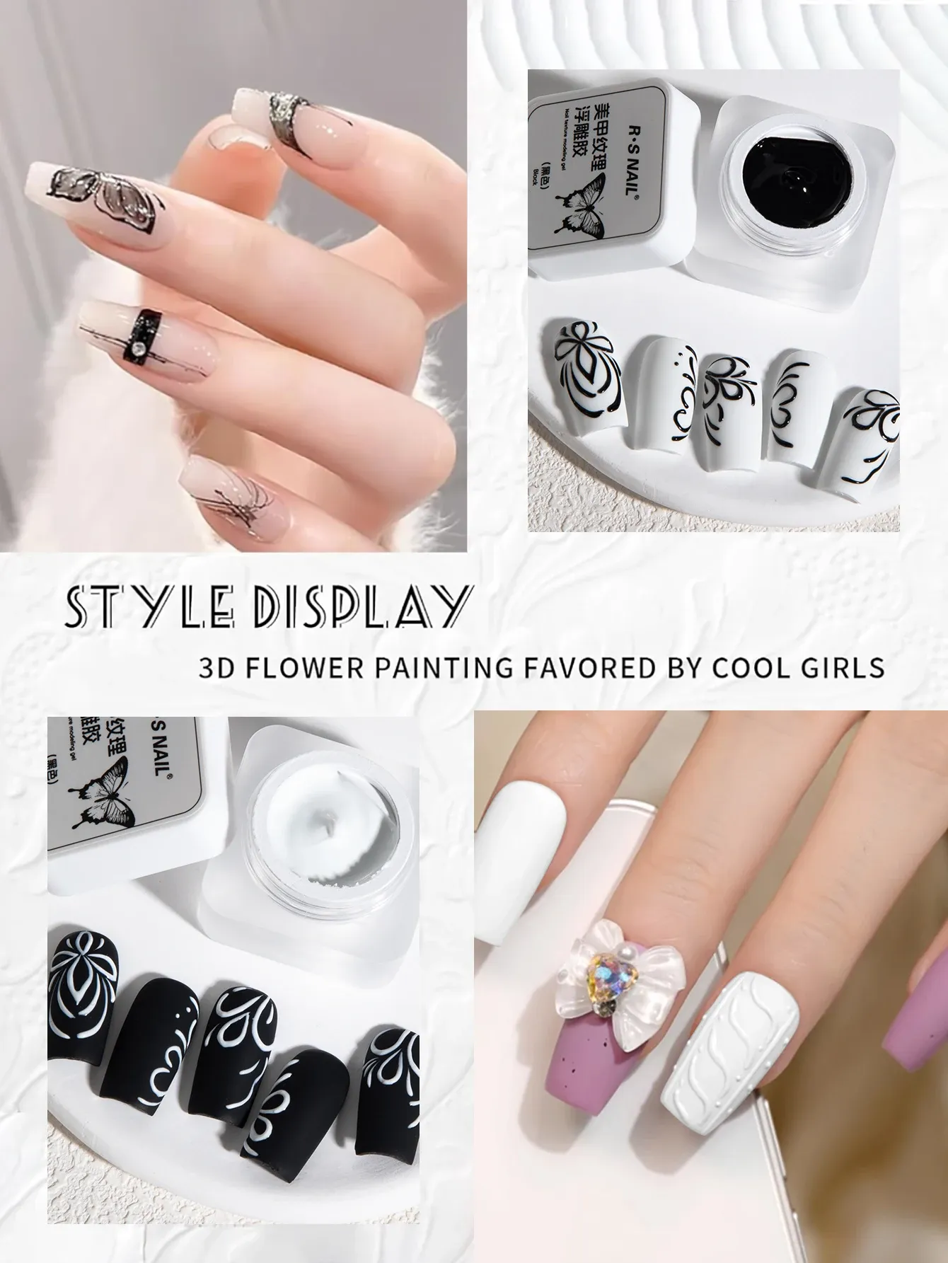 Gel à Ongles Gaufré Noir et Blanc, Peinture 3D, Plâtre d'Art, Outil de Manucure DIY, 5 g 6