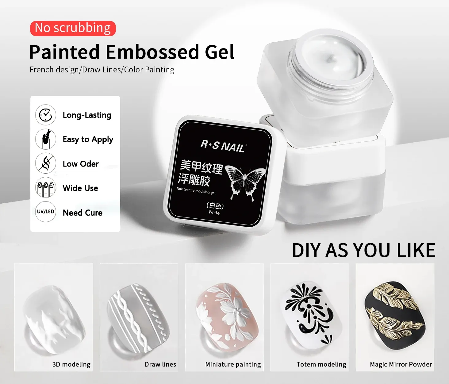 Vernis gel 3D noir et blanc en relief sur ongles
