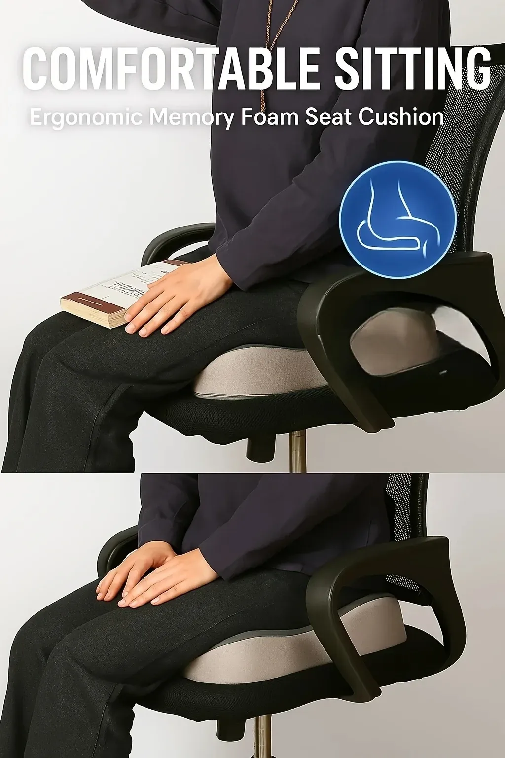 Coussin d'assise en mousse à mémoire de forme pour coccyx et sciatique, soulagement des douleurs dorsales, chaise de bureau et siège auto, mousse orthopédique antidérapante 2