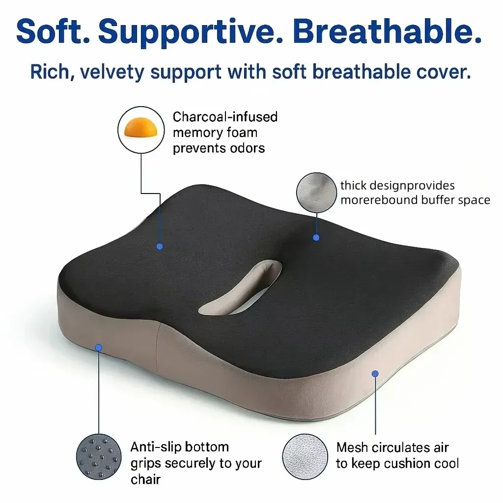 Coussin d'assise en mousse à mémoire de forme pour coccyx et sciatique, soulagement des douleurs dorsales, chaise de bureau et siège auto, mousse orthopédique antidérapante 5