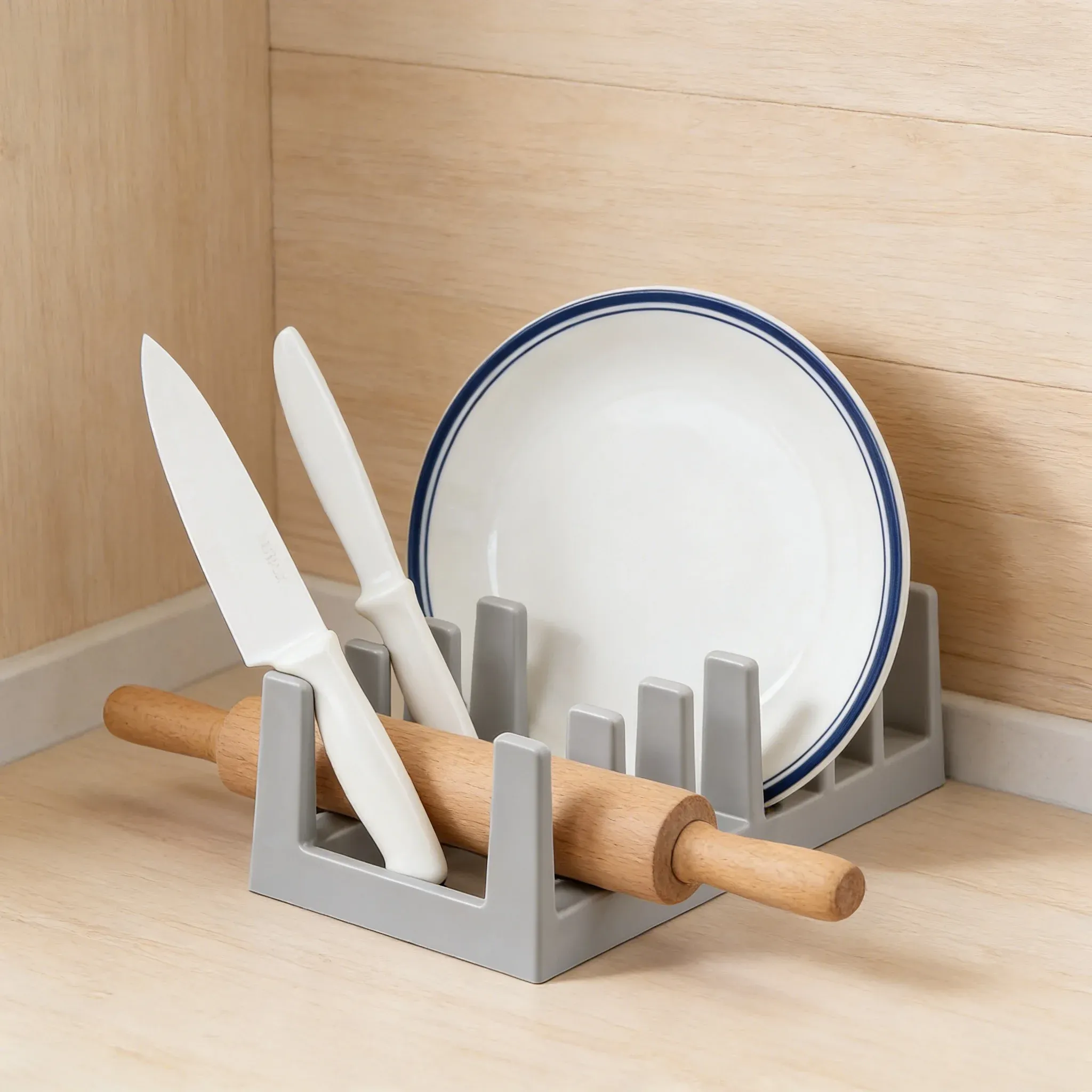 Support de rangement multifonctionnel à plusieurs emplacements pour couvercles de casseroles, planches à découper et vaisselle 3