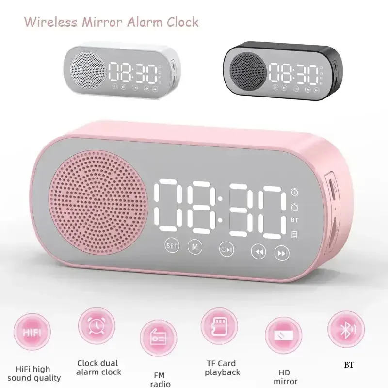Réveil Bluetooth avec haut-parleur, radio-réveil numérique à affichage LED miroir, réveil puissant pour les gros dormeurs
