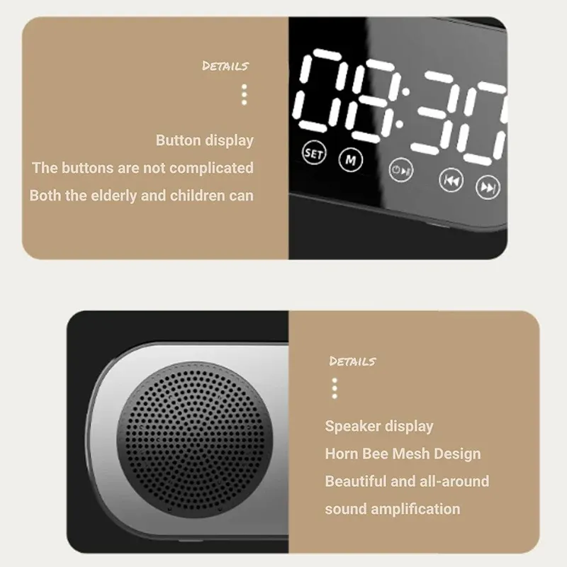 Réveil Bluetooth avec haut-parleur, radio-réveil numérique à affichage LED miroir, réveil puissant pour les gros dormeurs 5