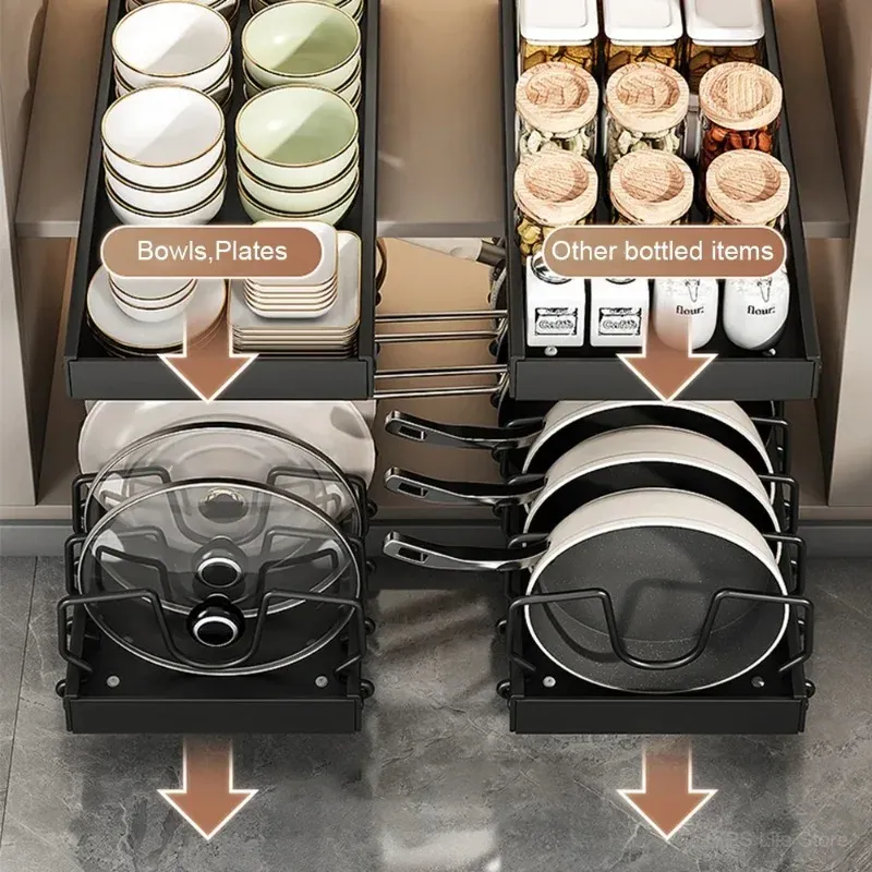Organisateur de tiroir coulissant multifonctionnel pour couvercles de casseroles, épices, bols, assiettes et ustensiles de cuisine 2