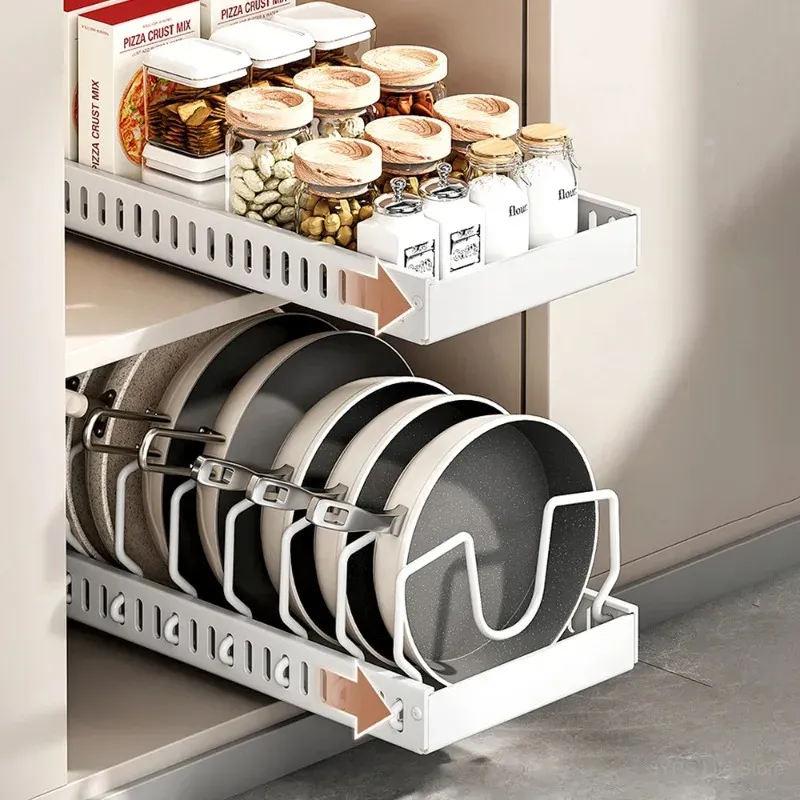 Organisateur de tiroir coulissant multifonctionnel pour couvercles de casseroles, épices, bols, assiettes et ustensiles de cuisine 5