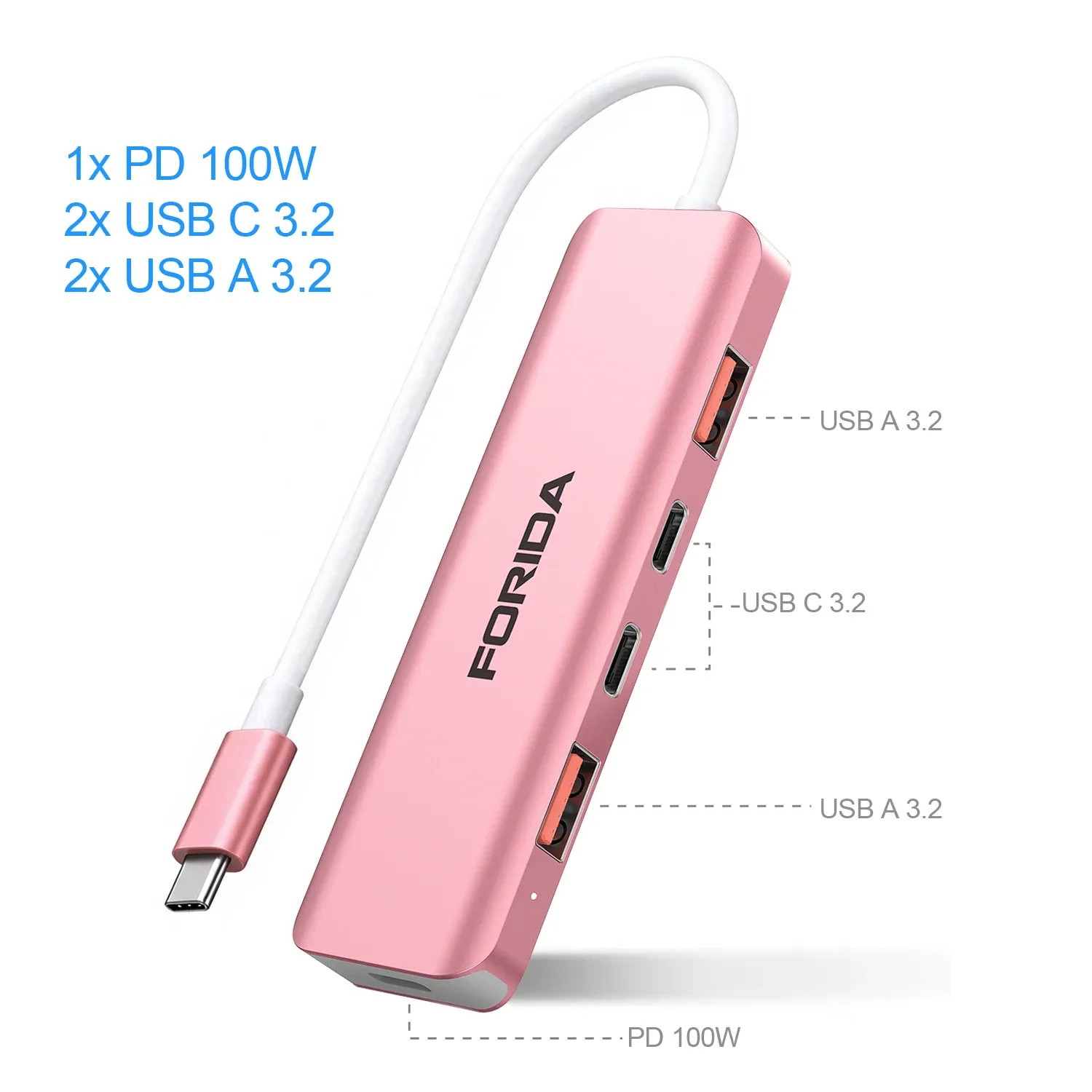 Hub USB-C FORIDA 3.2 10 Gbps, répartiteur USB-C HDMI en aluminium, station d'alimentation PD 100 W, adaptateur USB 3.0 pour ordinateur portable, MacBook, iPad 7