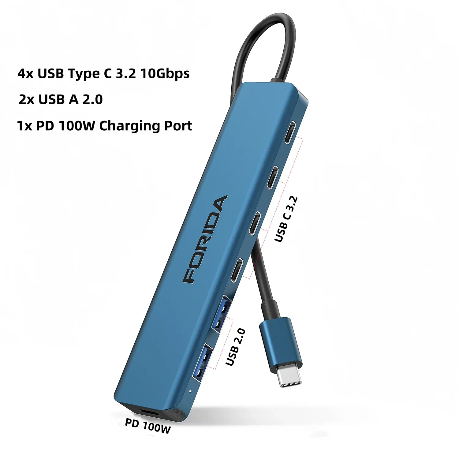 Hub USB-C FORIDA 3.2 10 Gbps, répartiteur USB-C HDMI en aluminium, station d'alimentation PD 100 W, adaptateur USB 3.0 pour ordinateur portable, MacBook, iPad 10