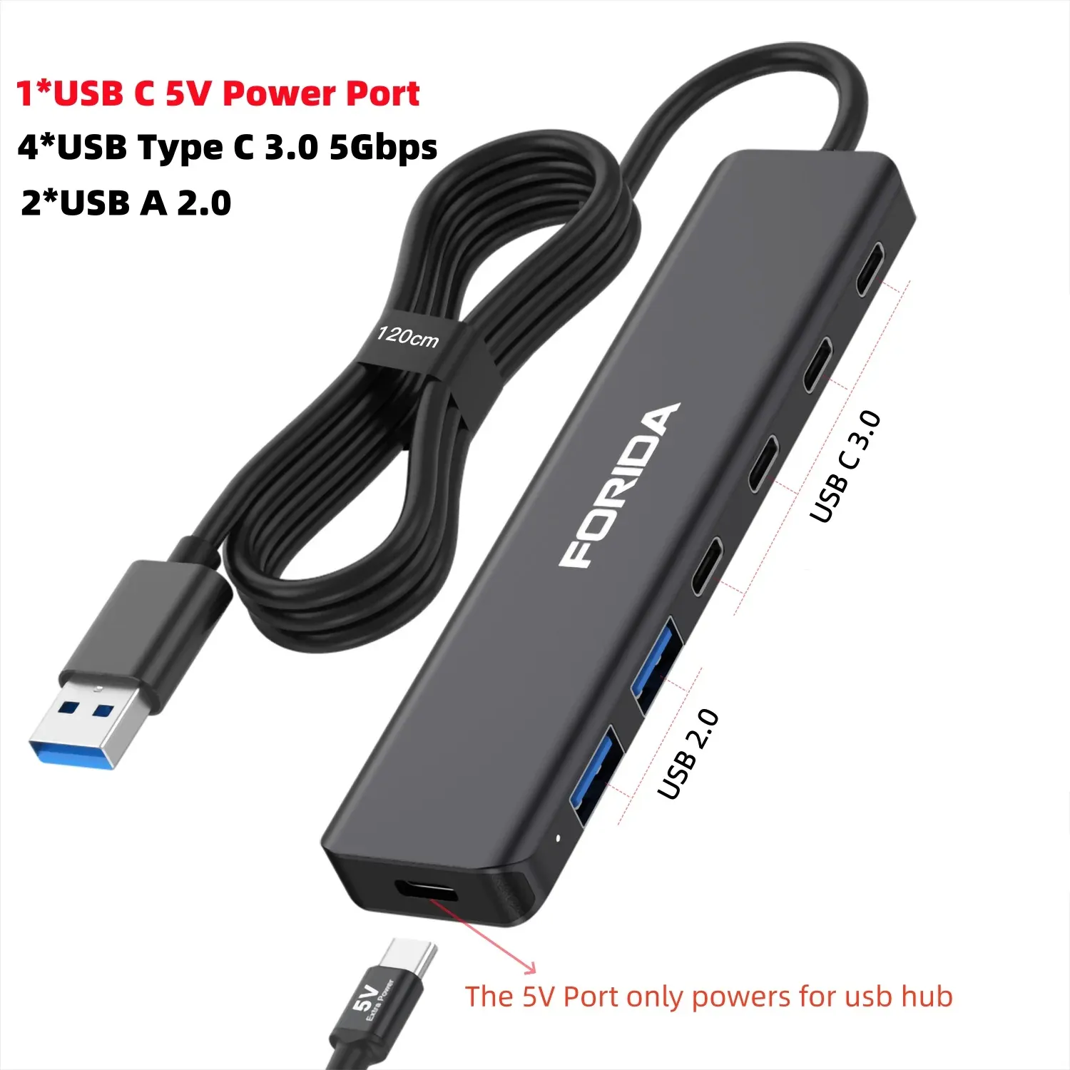 Hub USB-C FORIDA 3.2 10 Gbps, répartiteur USB-C HDMI en aluminium, station d'alimentation PD 100 W, adaptateur USB 3.0 pour ordinateur portable, MacBook, iPad 8