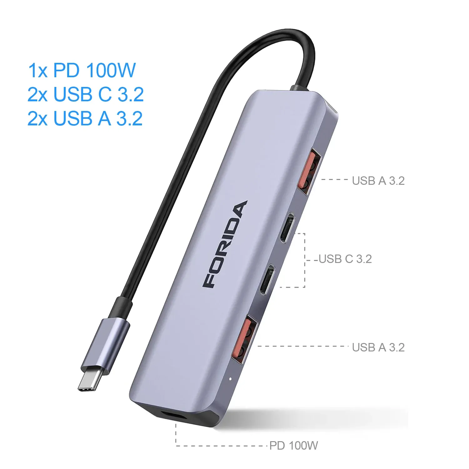 Hub USB-C FORIDA 3.2 10 Gbps, répartiteur USB-C HDMI en aluminium, station d'alimentation PD 100 W, adaptateur USB 3.0 pour ordinateur portable, MacBook, iPad 13