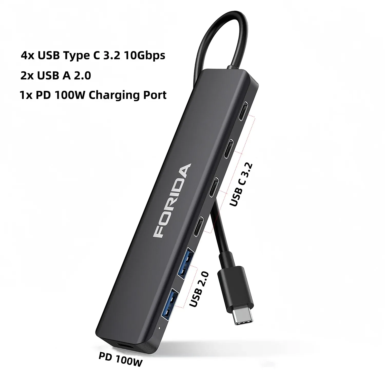 Hub USB-C FORIDA 3.2 10 Gbps, répartiteur USB-C HDMI en aluminium, station d'alimentation PD 100 W, adaptateur USB 3.0 pour ordinateur portable, MacBook, iPad 11
