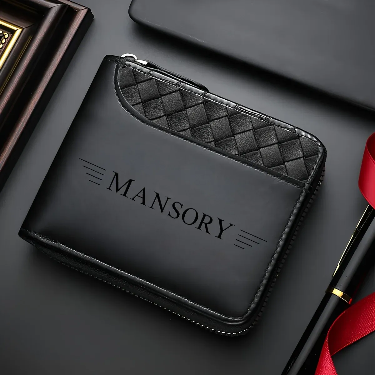 Portefeuille homme personnalisable en similicuir noir lisse, avec fermeture éclair et emplacements pour cartes 7