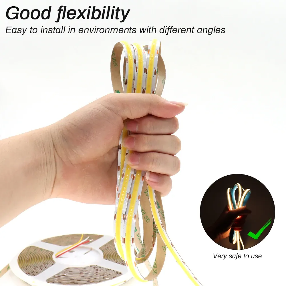 Bande LED COB flexible 3 mm/5 mm, 12 V/24 V, température de couleur variable 3000K/4000K/6000K, haute densité, IRC 90 4