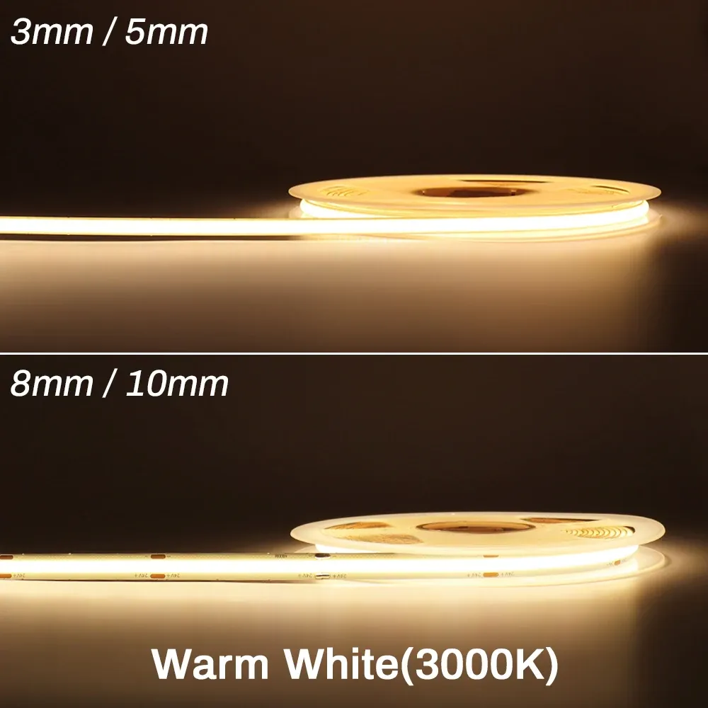 Bande LED COB flexible 3 mm/5 mm, 12 V/24 V, température de couleur variable 3000K/4000K/6000K, haute densité, IRC 90 8