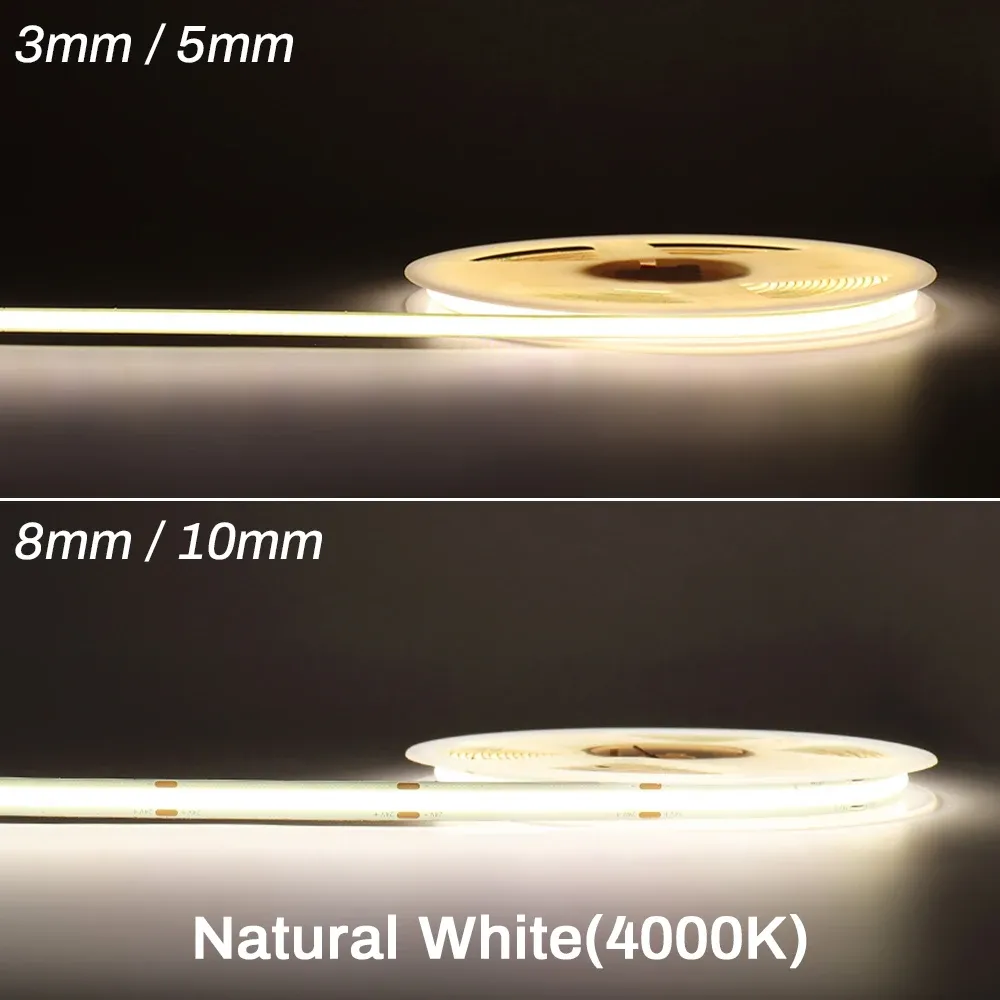 Bande LED COB flexible 3 mm/5 mm, 12 V/24 V, température de couleur variable 3000K/4000K/6000K, haute densité, IRC 90 7