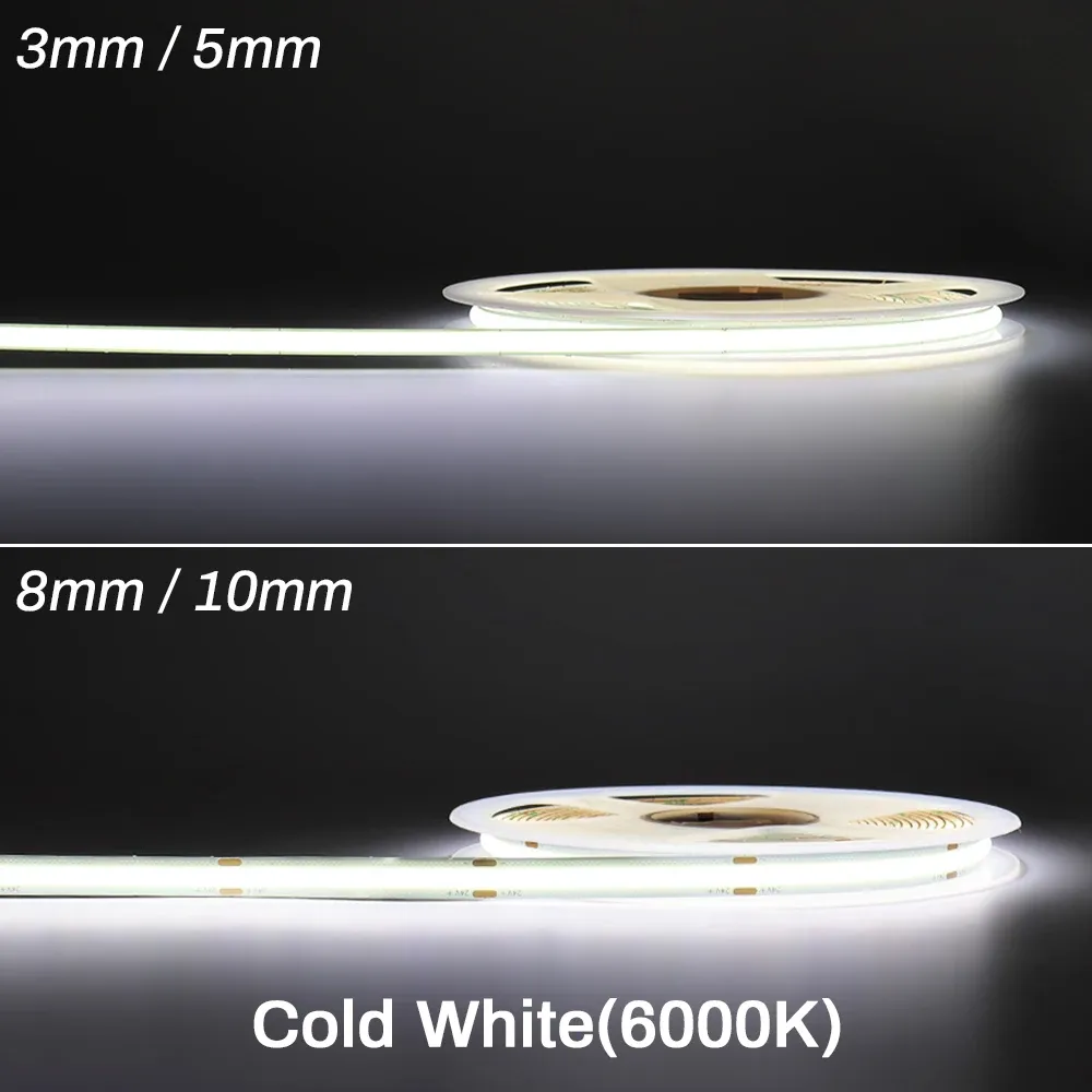 Bande LED COB flexible 3 mm/5 mm, 12 V/24 V, température de couleur variable 3000K/4000K/6000K, haute densité, IRC 90 9