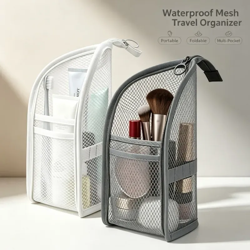Trousse de toilette portable en maille, étui de voyage pliable et imperméable en EVA pour brosse à dents et cosmétiques - Image 1