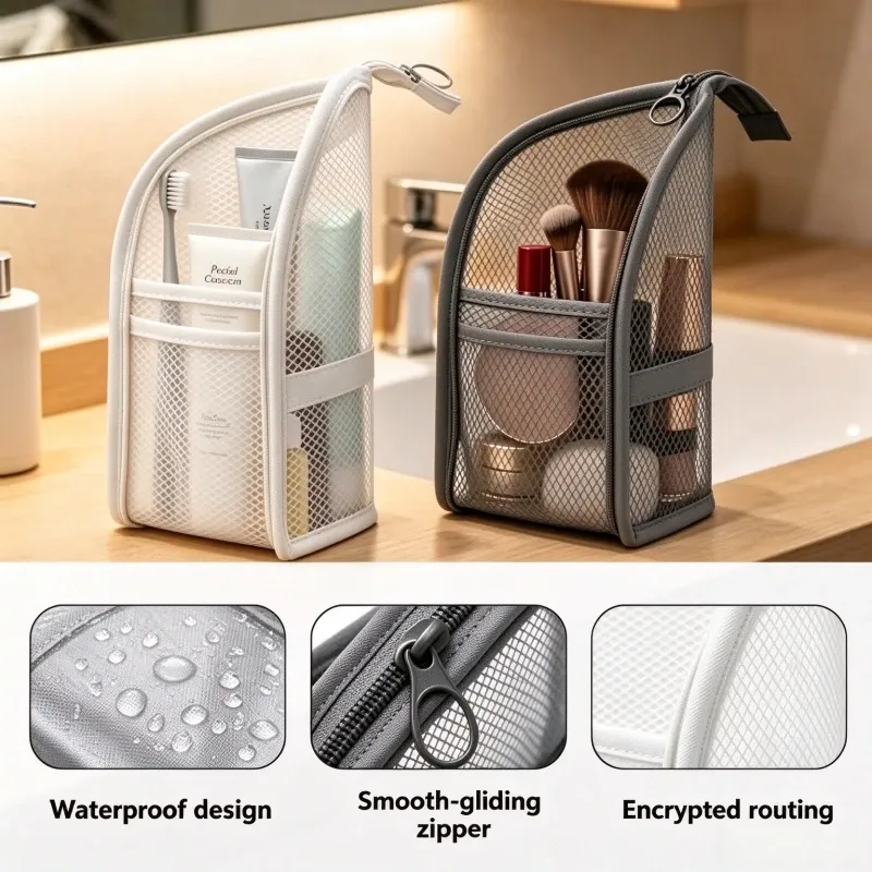Trousse de toilette portable en maille, étui de voyage pliable et imperméable en EVA pour brosse à dents et cosmétiques 5