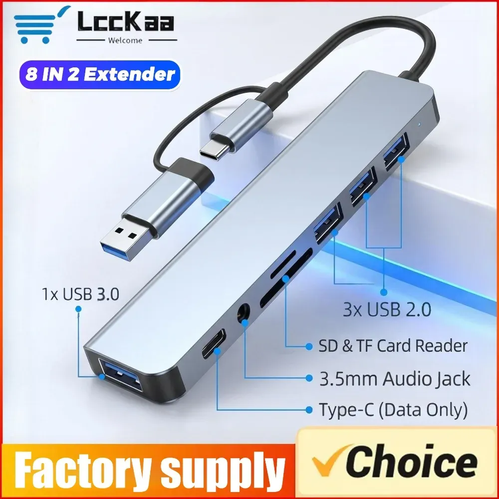 Station d'accueil USB-C 8 en 2 avec prise audio 3,5 mm et lecteur de cartes Micro SD pour MacBook, ordinateur portable, tablette et smartphone