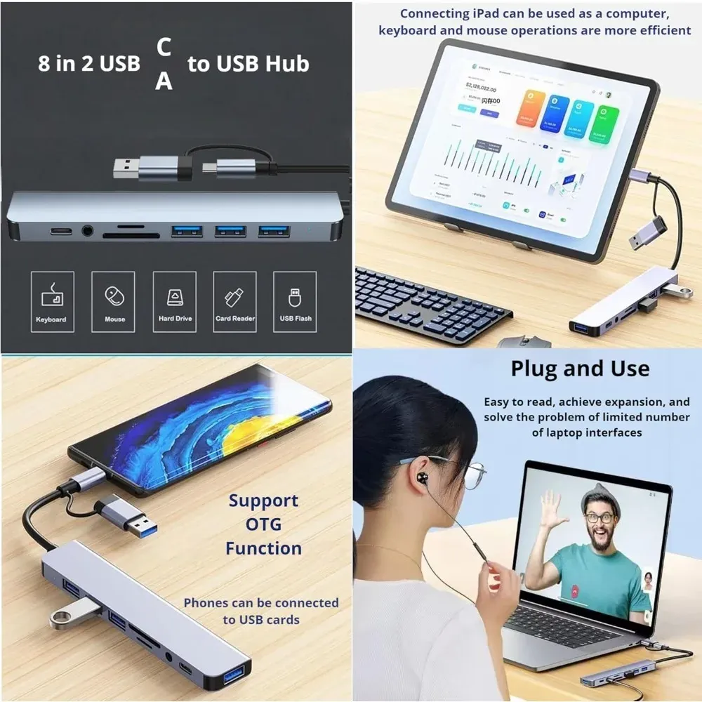 Station d'accueil USB-C 8 en 2 avec prise audio 3,5 mm et lecteur de cartes Micro SD pour MacBook, ordinateur portable, tablette et smartphone 3