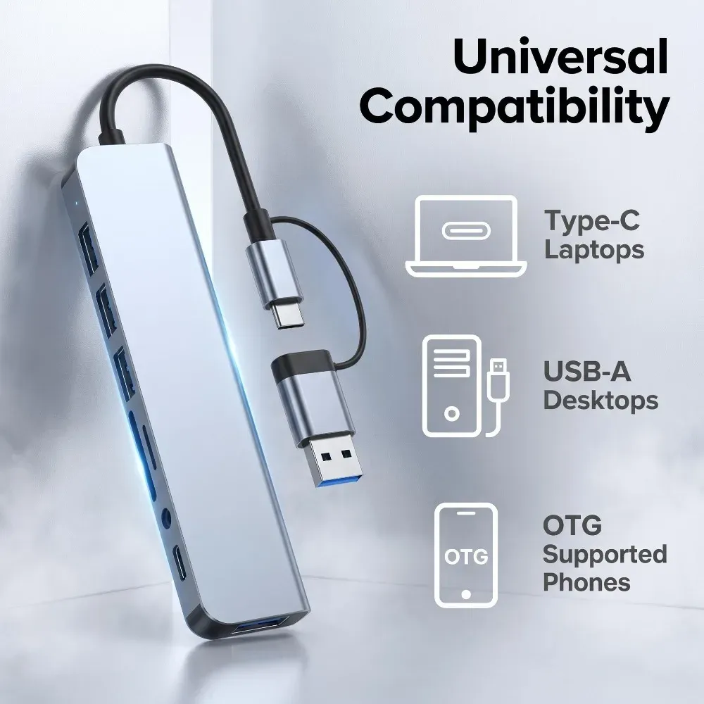 Station d'accueil USB-C 8 en 2 avec prise audio 3,5 mm et lecteur de cartes Micro SD pour MacBook, ordinateur portable, tablette et smartphone 5