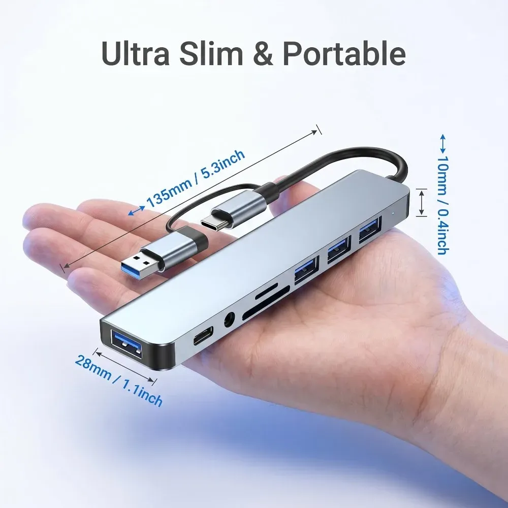 Station d'accueil USB-C 8 en 2 avec prise audio 3,5 mm et lecteur de cartes Micro SD pour MacBook, ordinateur portable, tablette et smartphone 6