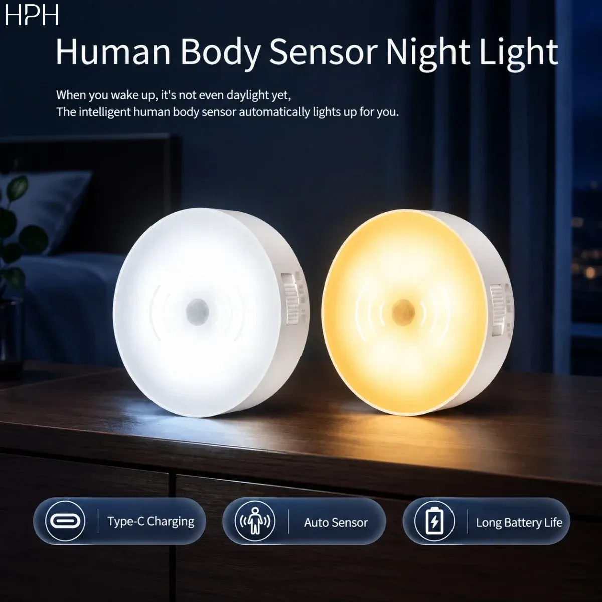 Lampe de nuit LED HPH avec détecteur de mouvement, rechargeable USB-C, sans fil, pour placard, cuisine, armoire et escalier