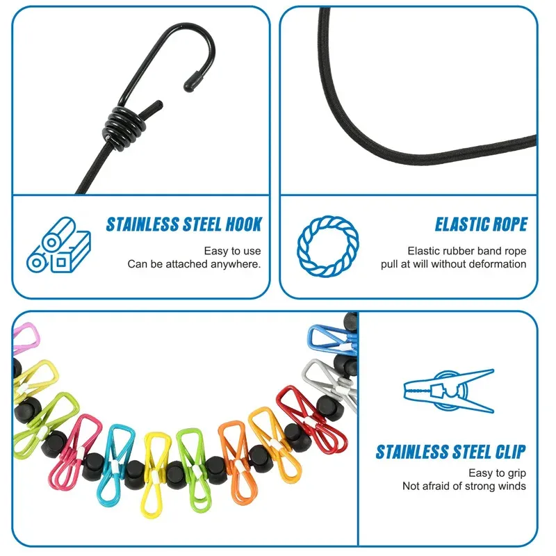Corde à linge rétractable portable pour voyage avec 12 pinces, idéale pour l'intérieur et le camping 5