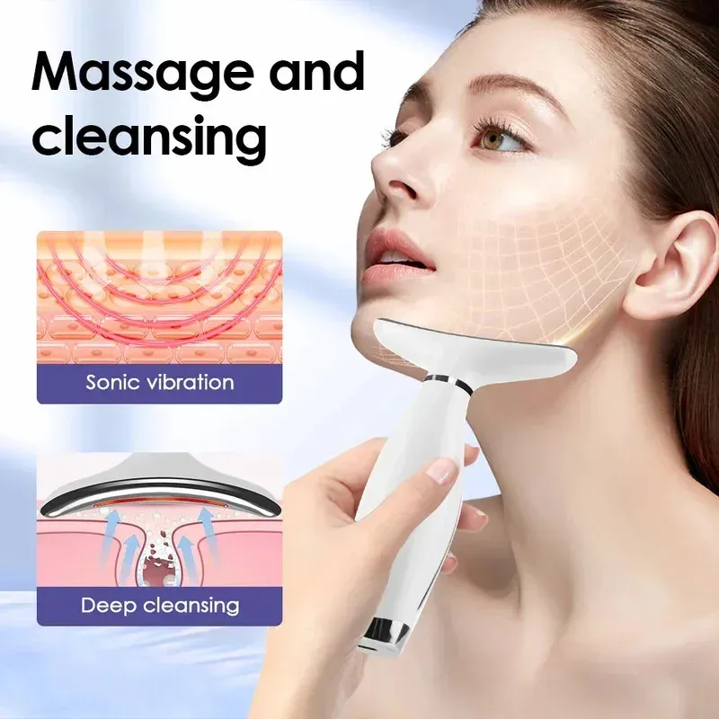 Masseur visage et cou LED à domicile, luminothérapie 7 couleurs, 7 modes, 3 niveaux de vibration, effet lifting 4