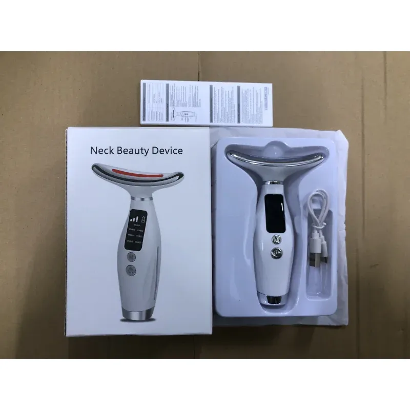 Masseur visage et cou LED à domicile, luminothérapie 7 couleurs, 7 modes, 3 niveaux de vibration, effet lifting 6