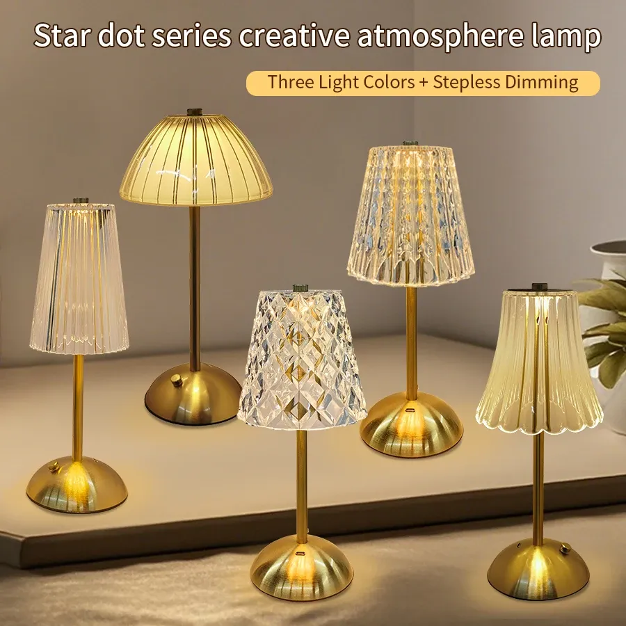 Veilleuse tactile rechargeable à 3 couleurs en cristal artificiel, intensité variable, lampe de table portable pour chambre, salon et restaurant