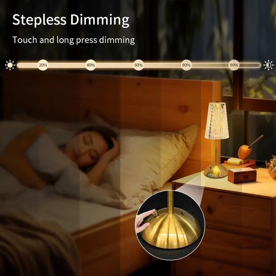 Veilleuse tactile rechargeable à 3 couleurs en cristal artificiel, intensité variable, lampe de table portable pour chambre, salon et restaurant 2