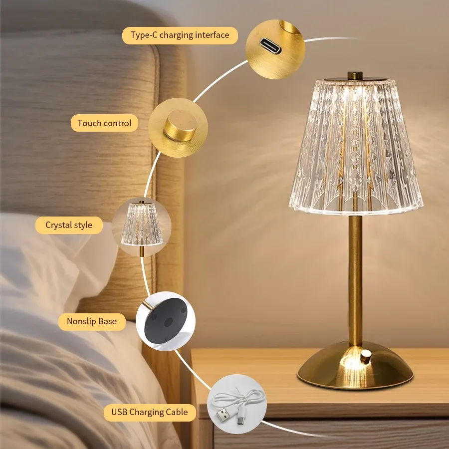 Veilleuse tactile rechargeable à 3 couleurs en cristal artificiel, intensité variable, lampe de table portable pour chambre, salon et restaurant 5